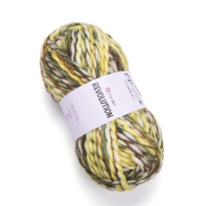 Présentation pelote Revolution jaune en vue centrée tricot