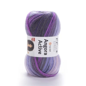 Vue directe sur pelote Angora Active violet dégradée chaude