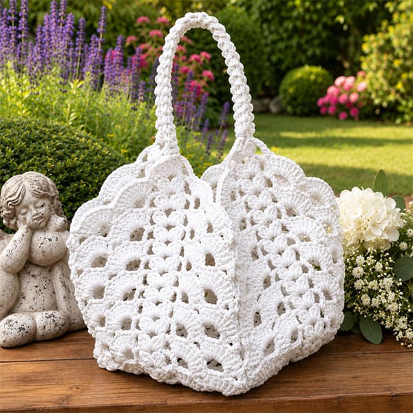 sac au crochet blanc en marama dans un jardin