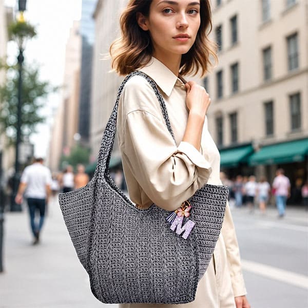 femme avec sac fait au crochet