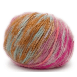 laines et fils Pelote de laine orange, verte et rose.