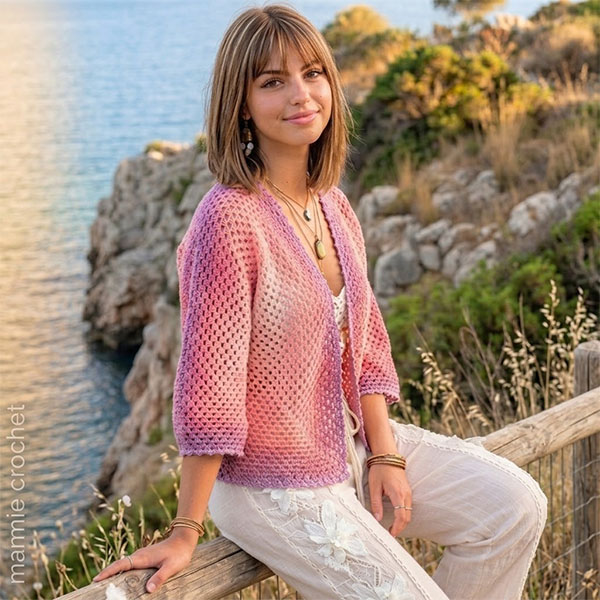 femme portant veste au crochet en rosegarden yarnart